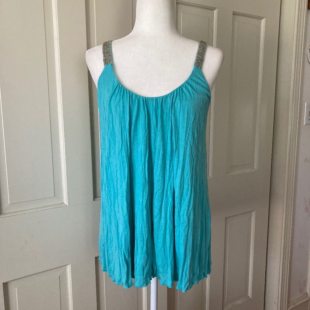 Boston Proper Aqua Blue Tank Top w Silver Beaded Straps Size M